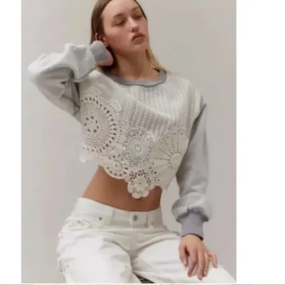 BDG Urban Outfitters Crochet Gray Cropper Pullover Sweater - Picture 8 of 8